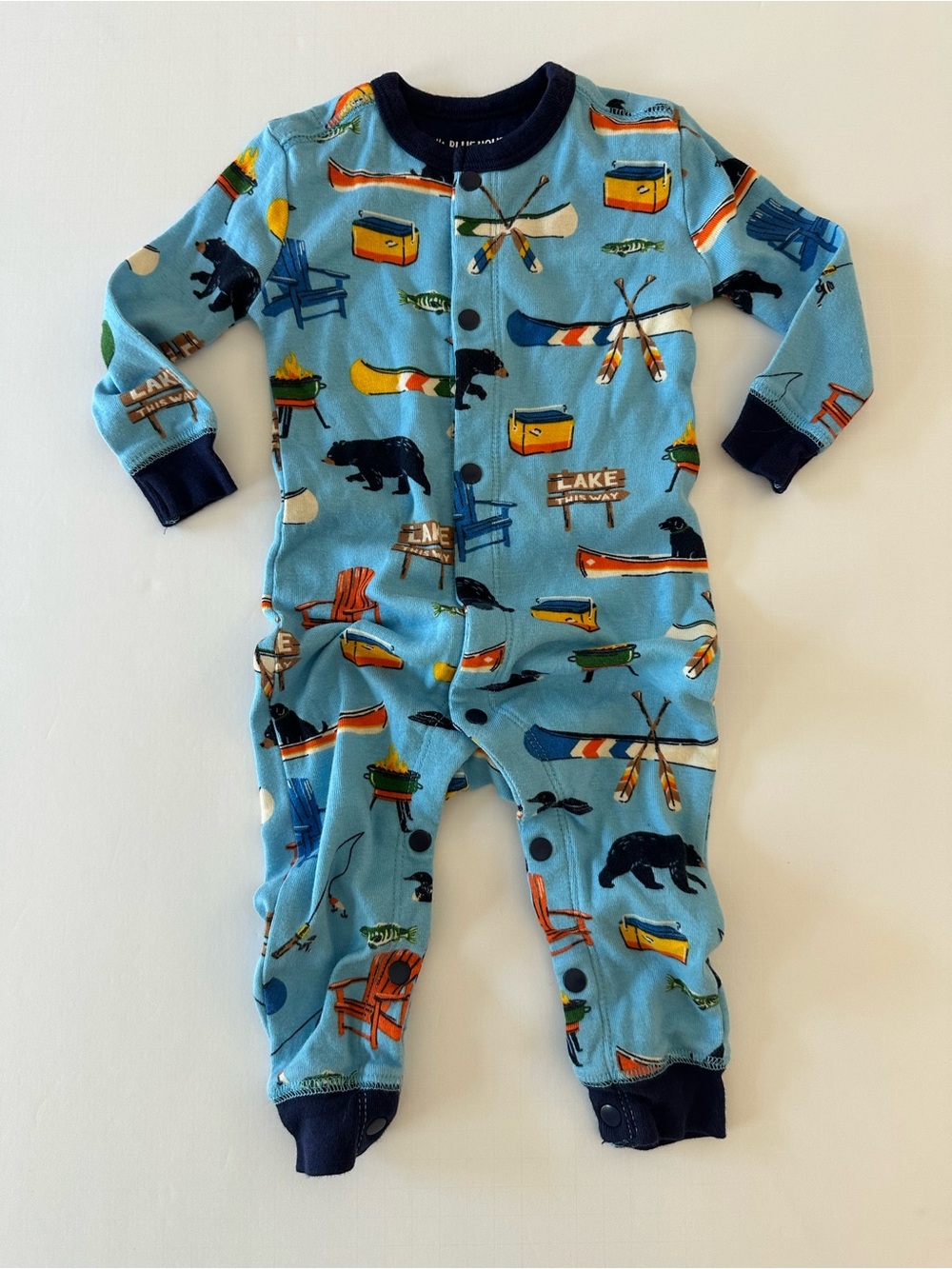 Hatley Little Blue House Camping Print Footie With Snaps 6-12M 100% Cotton